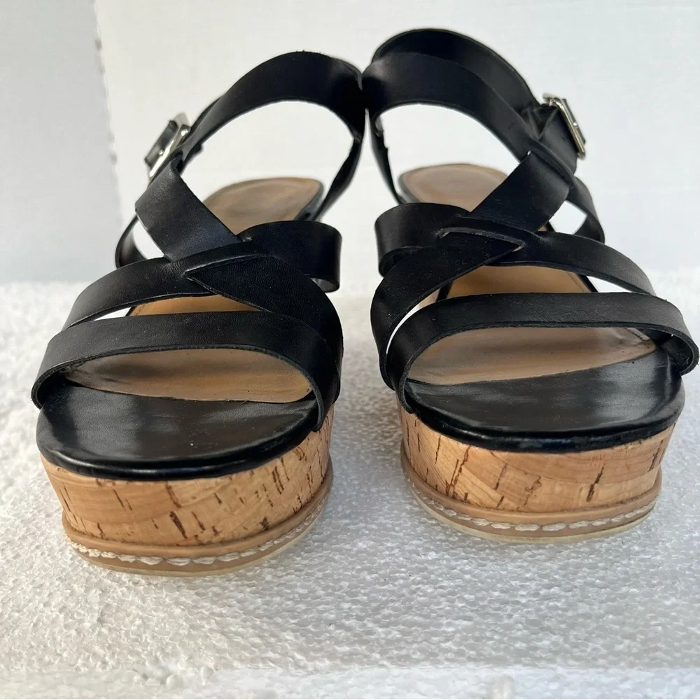 Franco Sarto Women's Leather Black and Tan Cork Strappy Wedge Sandals Size 9M